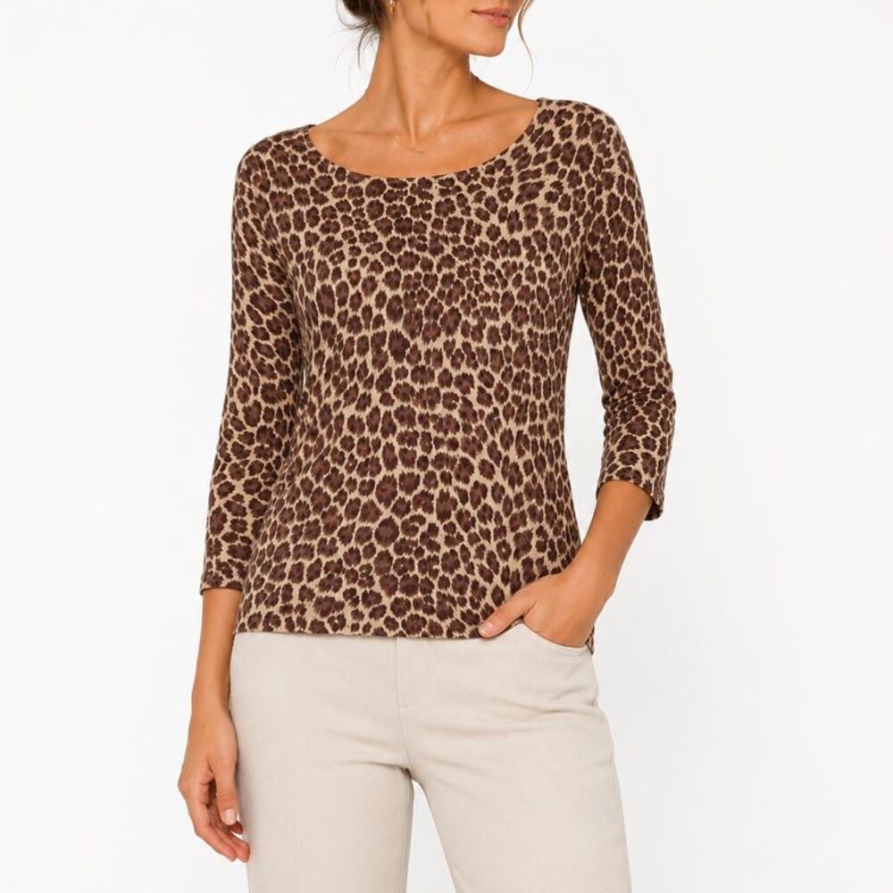 Neiman Marcus 100% Cashmere Sweater Sz L Leopard Print 3/4 Sleeve Luxury Knit